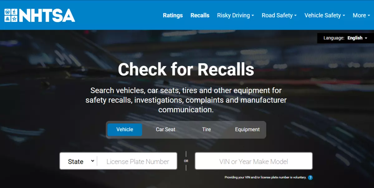 nhtsa recall search page