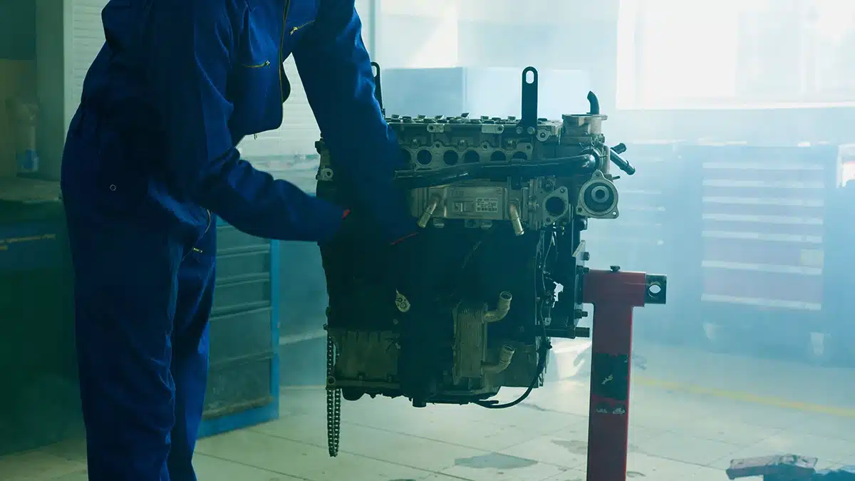 Mechanic inspecting an engine during a major repair