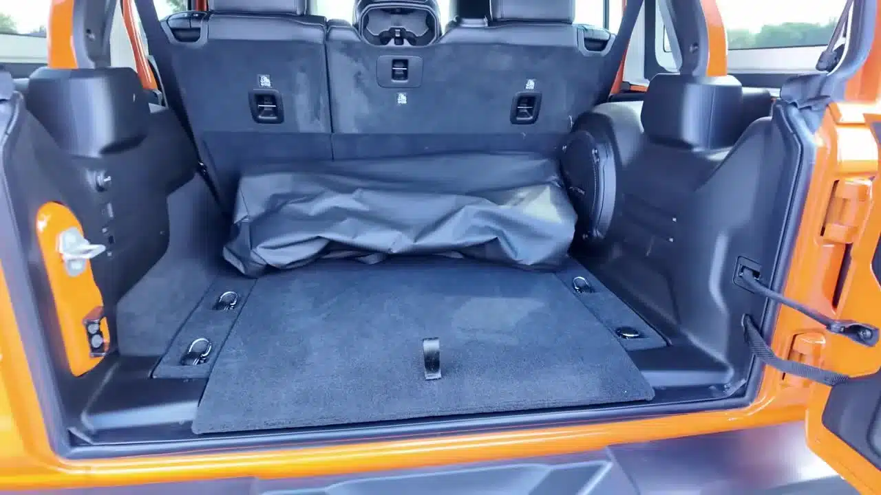Open cargo area behind the rear seats of the four-door Wrangler Sahara