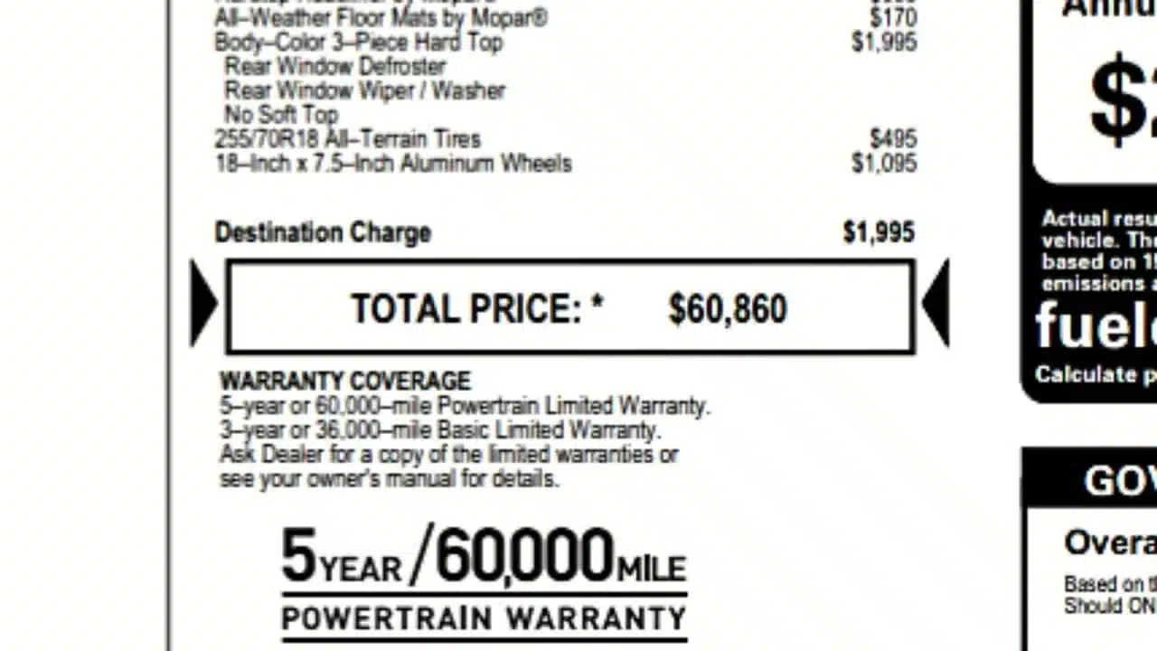 Window sticker showing a $60,860 total for the reviewed 2025 Jeep Wrangler Sahara