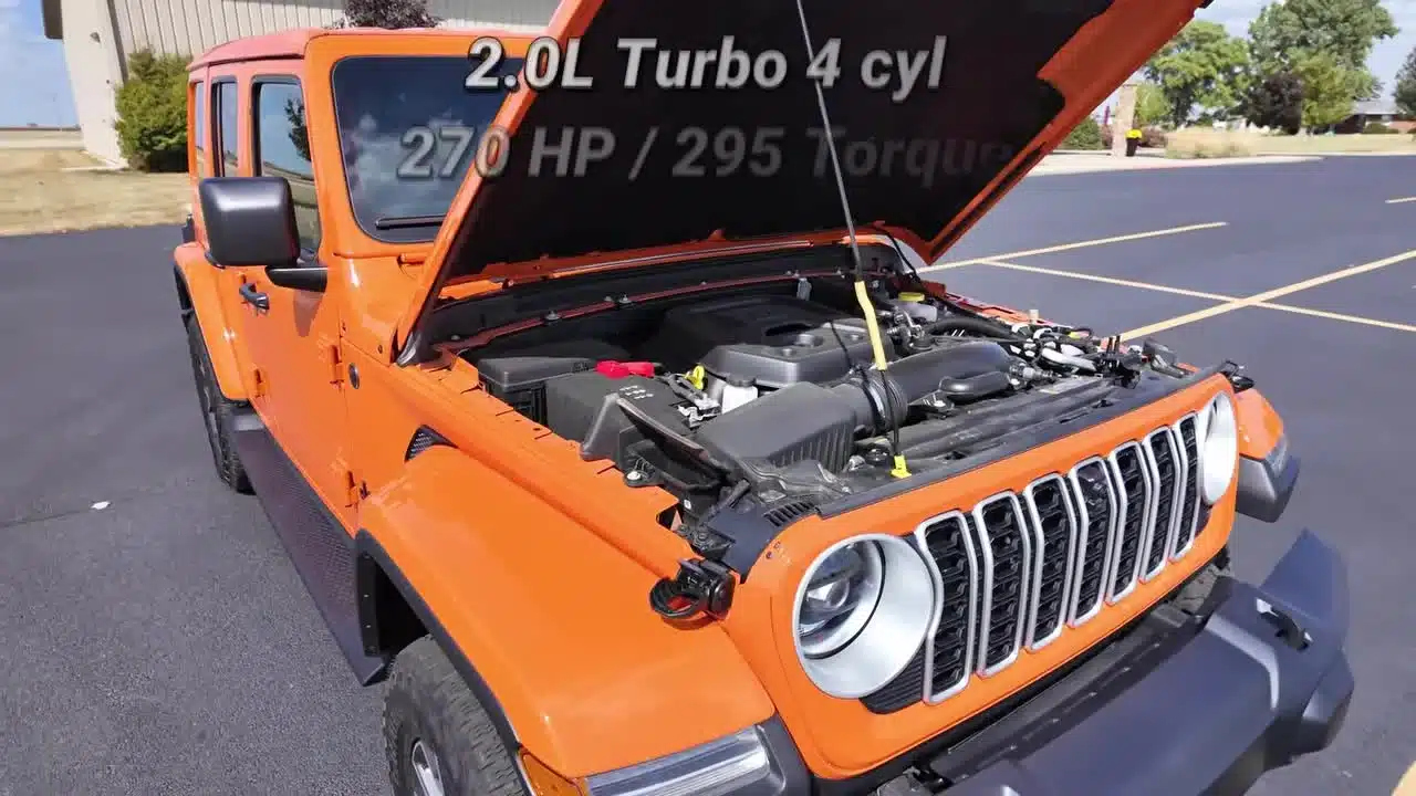 Hood open on the 2025 Jeep Wrangler Sahara with its 2.0-liter turbo engine