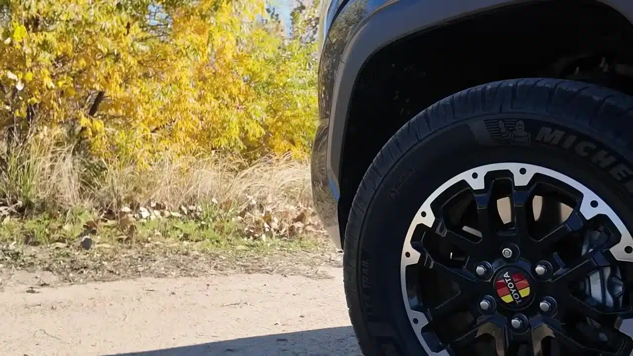 Michelin tire and alloy wheel with Toyota heritage colors on the Tundra TRD Rally