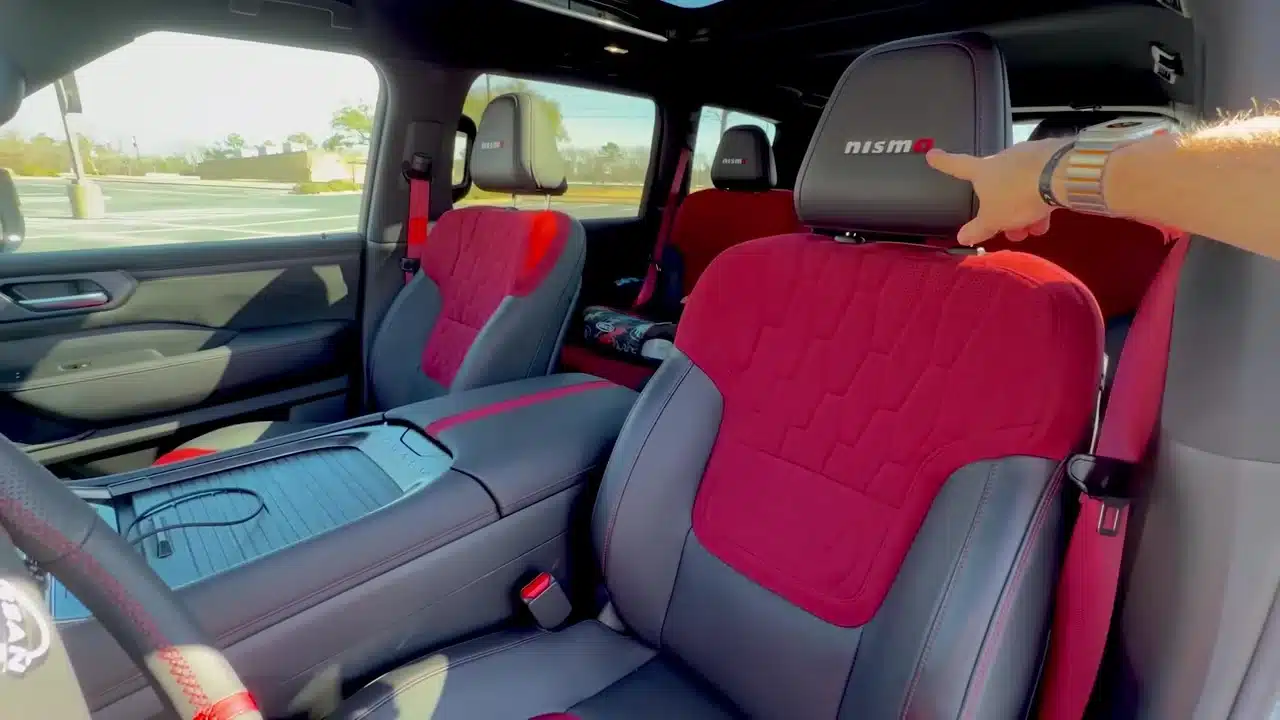 Red front seats with Nismo branding in the Nissan Armada
