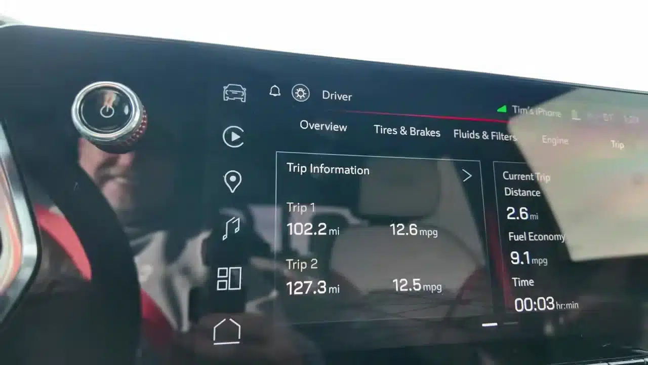 Canyon trip computer showing 12.6 mpg over 102.2 miles