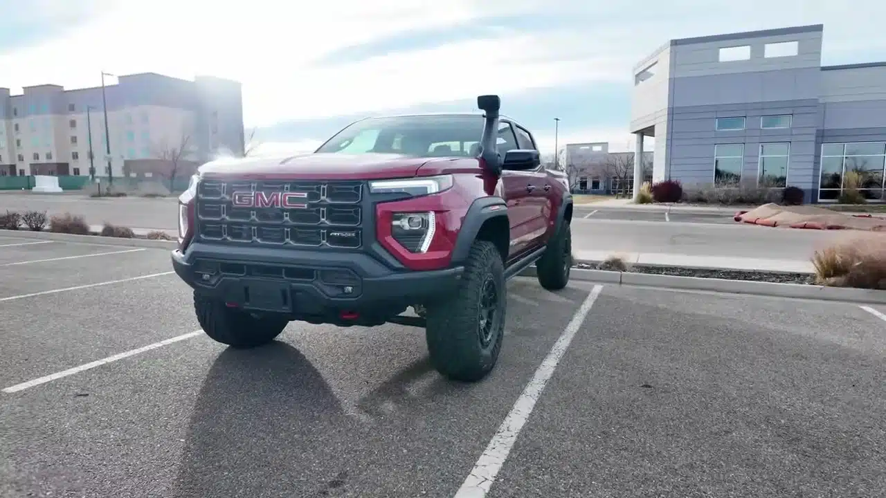 Red GMC Canyon AT4X AEV with snorkel during Wyoming road test