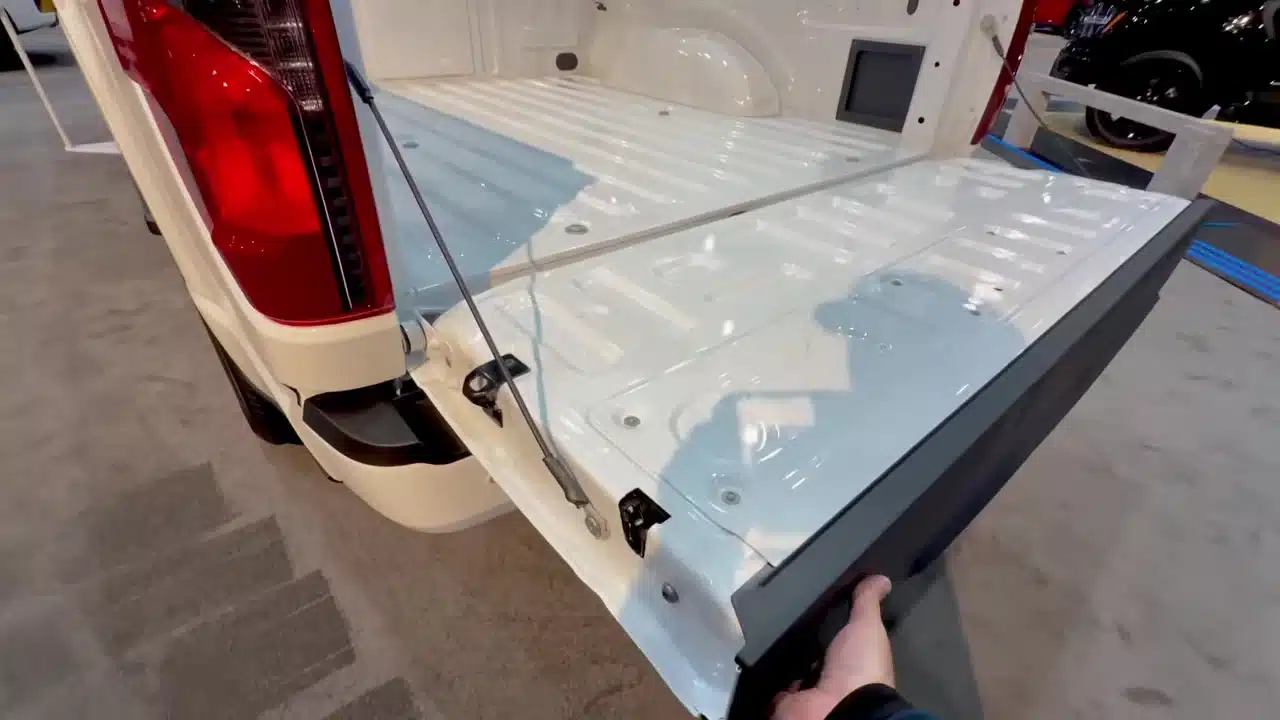 Tailgate and cargo bed of the 2026 Ford F-150 XLT at the auto show