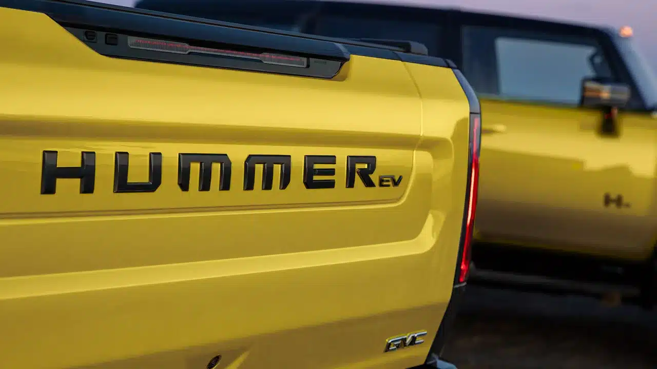 Hummer EV lettering on the yellow ICON 25 pickup tailgate
