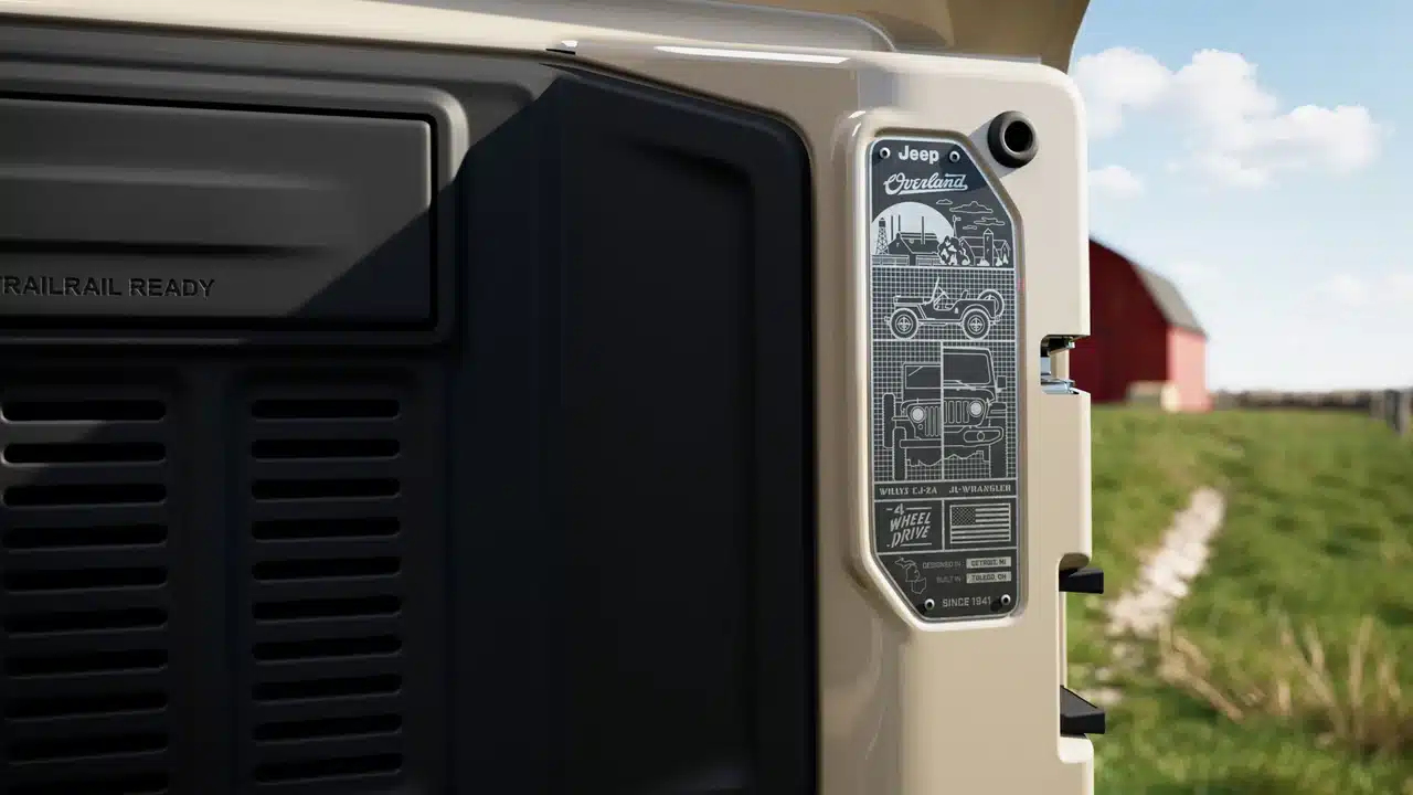 Heritage plaque on the 2027 Jeep Wrangler JL-2A rear swing gate