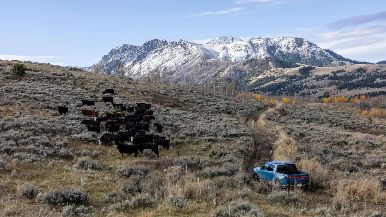 Blue Rivian R1T driving on a trail below mountains