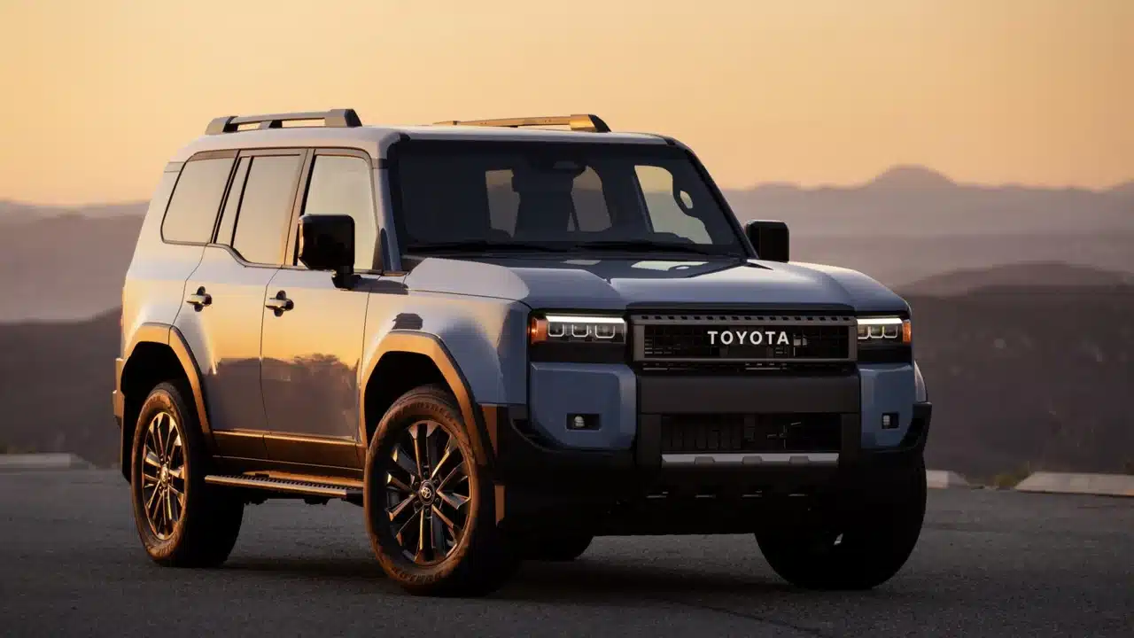 2027 Toyota Land Cruiser in Heritage Blue at sunset