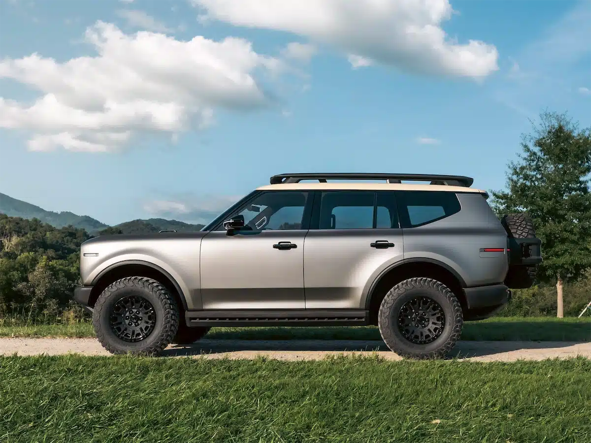 Scout Traveler Trail-Ready concept in Galvanized Steel with a Canvas roof and roof-mounted trail lights