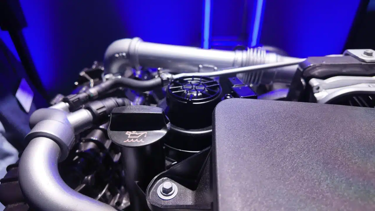 A close look at the diesel’s oil-fill and service hardware.