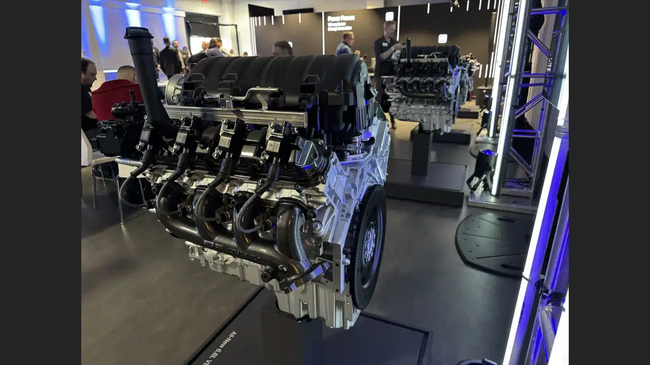 GM 6.6 liter V8 engine showing the port injection fuel rail and tight packaging