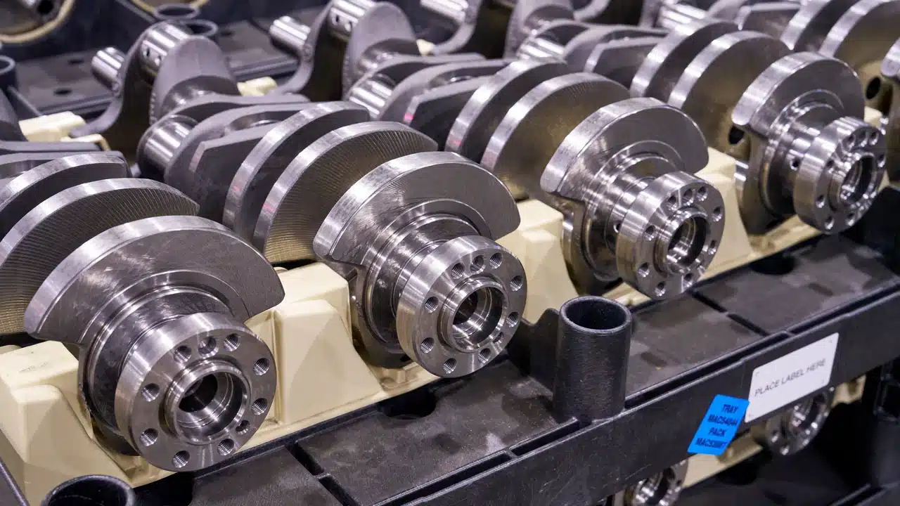 Crankshafts arranged on a production rack at the GM Flint plant