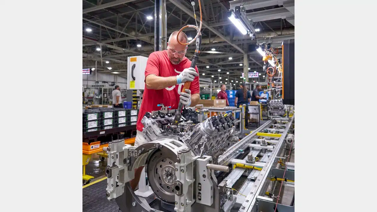 A GM employee working on a V8 engine at Flint Engine Operations