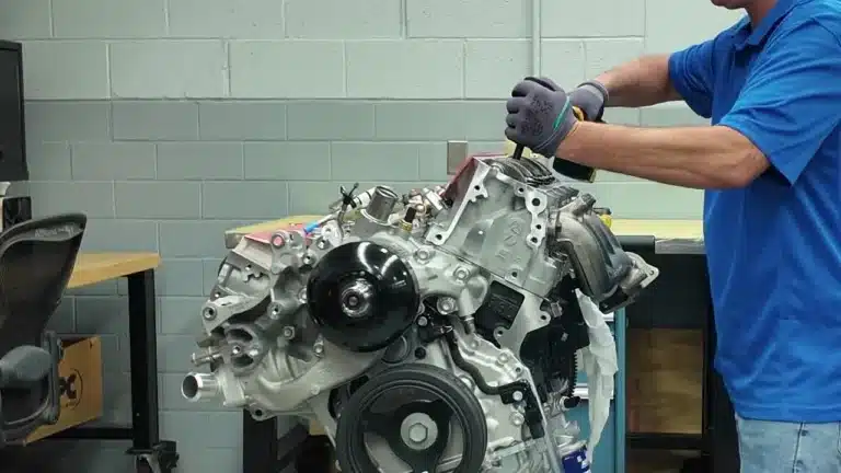Close-up of a technician’s gloved hands using a torque tool on a GM development engine.