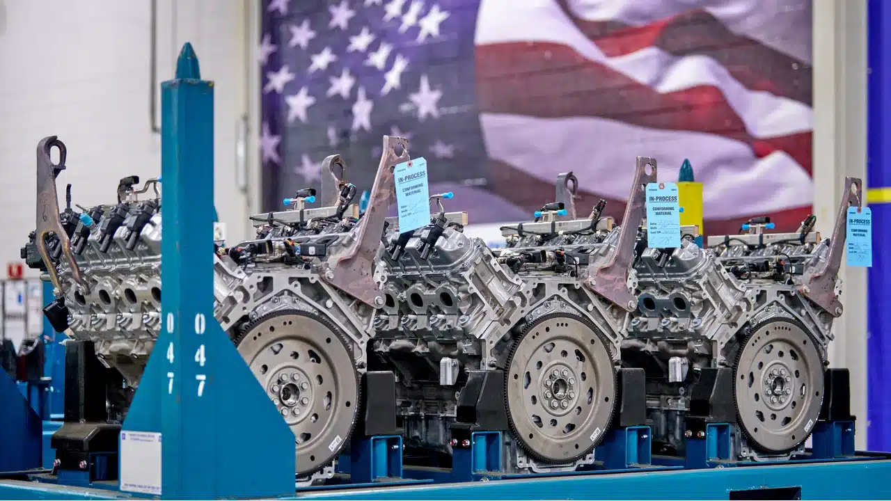 V8 engines on a rack at GM Flint Engine Operations