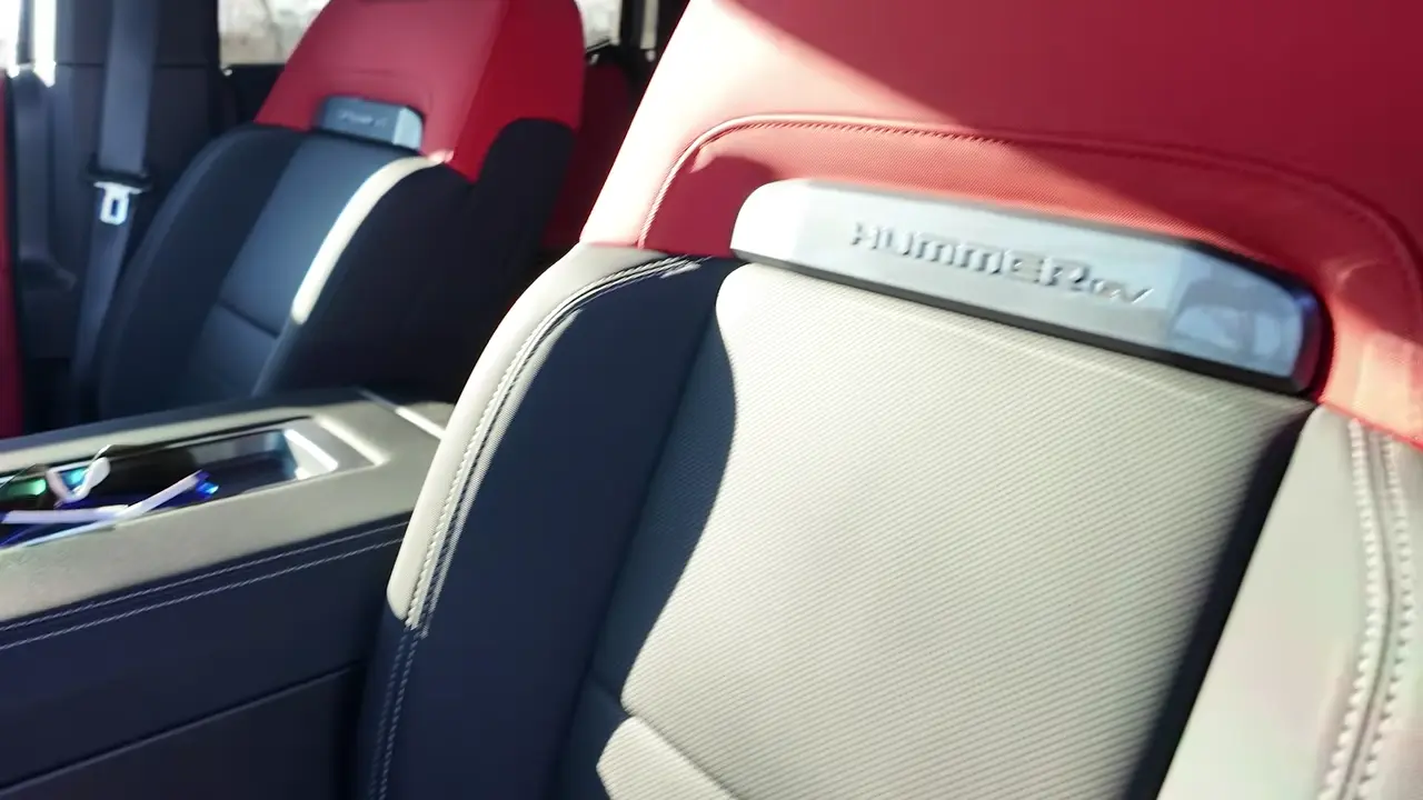 Red and black Velocity Ember front seats in the Hummer EV Carbon Fiber Edition