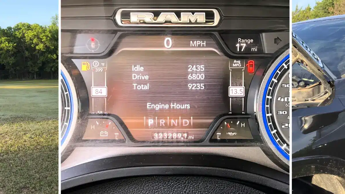 2019 Ram 1500 odometer showing 323,289 miles and 9,235 engine hours