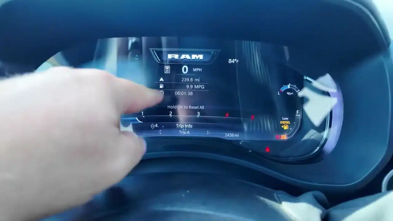 Ram trip display showing 9.9 mpg and 239.8 miles