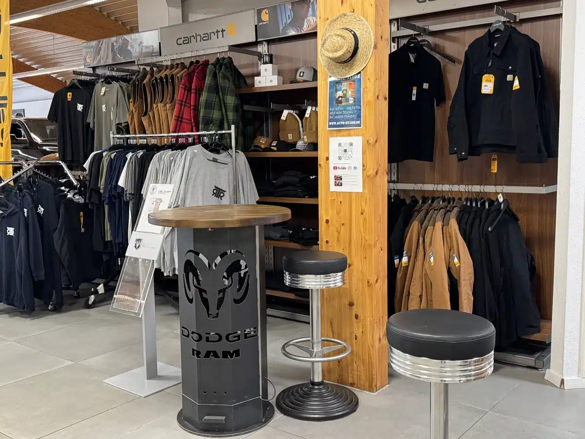 Carhartt clothing and Dodge merchandise inside RTR Ram Truck Ranch.