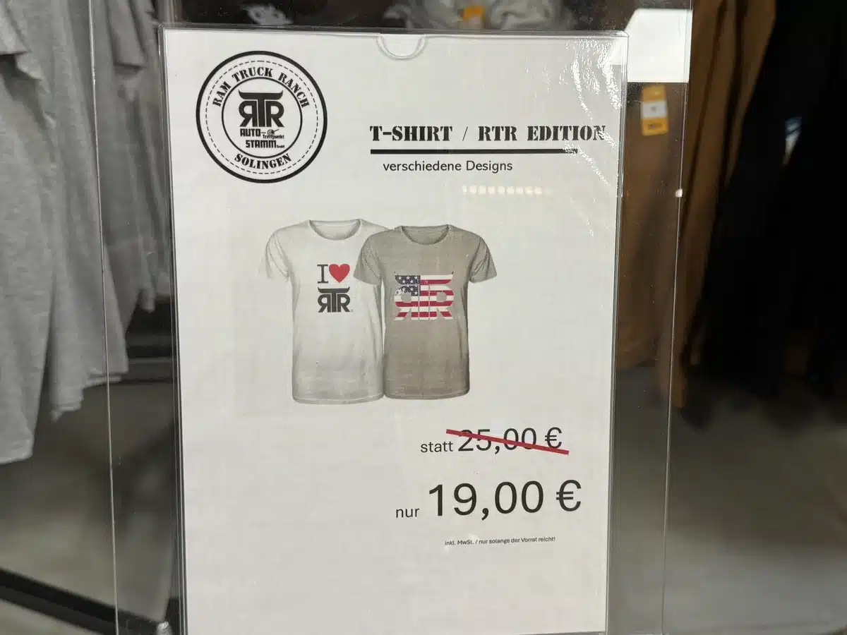 RTR Edition T-shirt display sign.