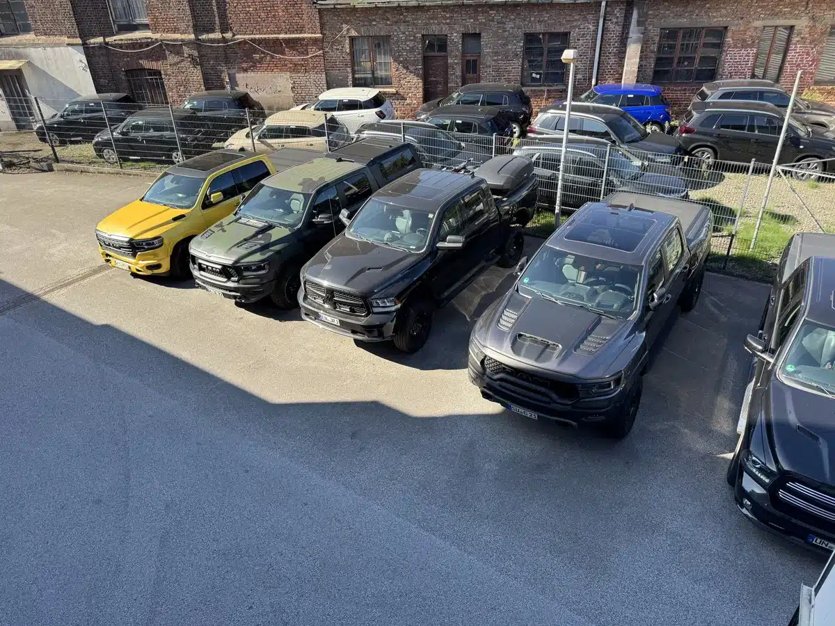 Rows of trucks and other vehicles parked outside RTR.