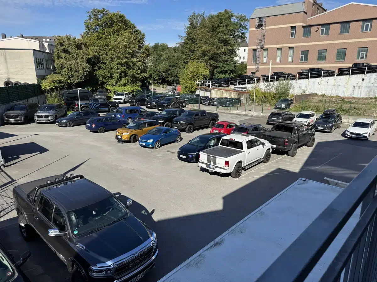 Wide view of the vehicle lot outside RTR Ram Truck Ranch.