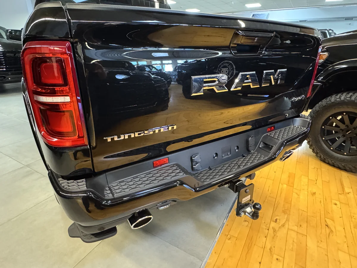 Rear of a Ram pickup at RTR Ram Truck Ranch, showing lighting fitted for the European market.