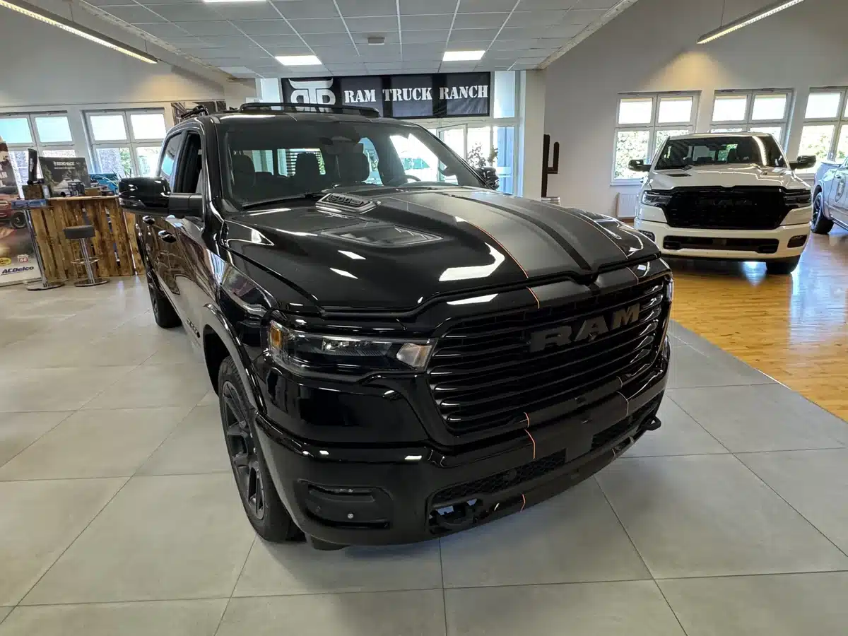Front view of a black Ram pickup in the showroom.