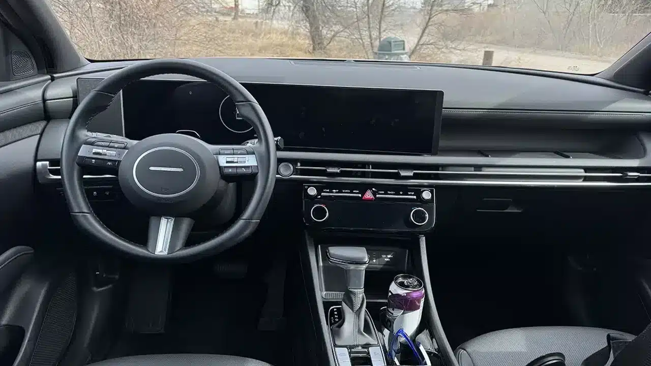 Hyundai Santa Cruz dashboard and front seats, 2026 model shown