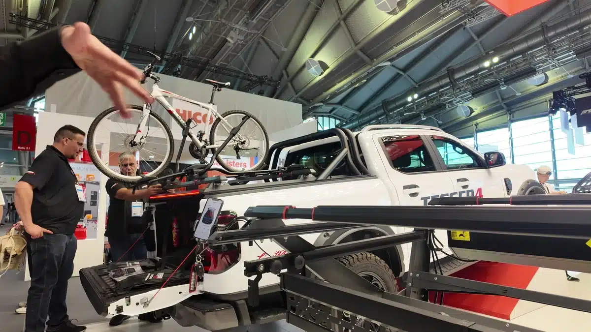 Tessera’s pickup display pairs bed accessories with a bicycle-carrying setup.