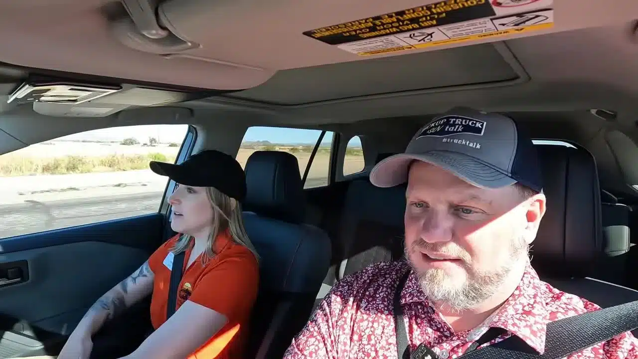 Tim Esterdahl and a Toyota engineer during the Arizona braking demonstration