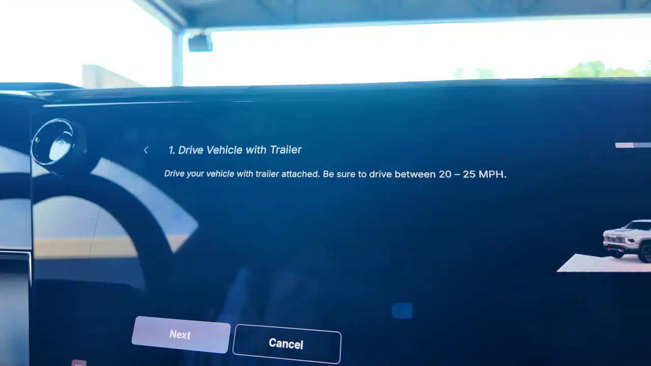 The brake-gain setup screen walks the driver through a test with the trailer attached.