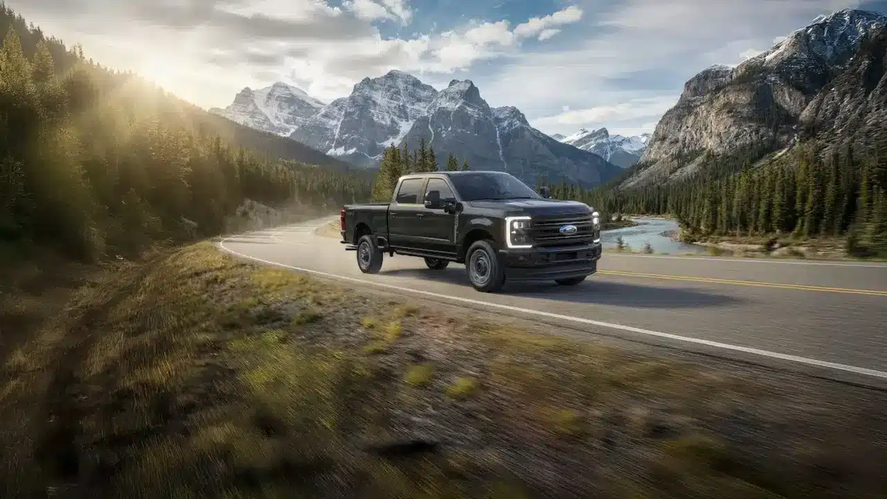 2026 Ford F-250 Super Duty Platinum driving on a mountain road