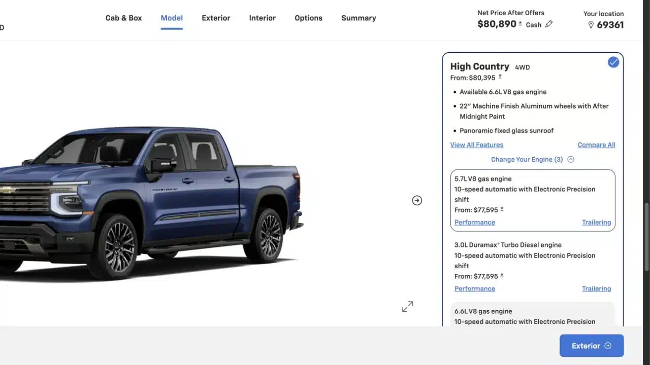 Chevrolet’s configurator lists the High Country’s 5.7L V8 and Duramax at the same starting price for this cab and drivetrain.