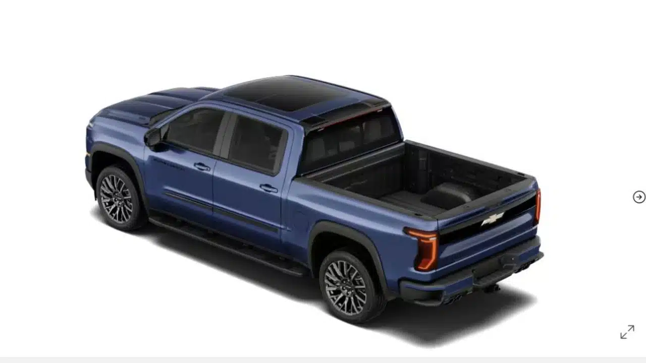 Pacific Blue 2027 Chevrolet Silverado High Country rear three-quarter configurator view