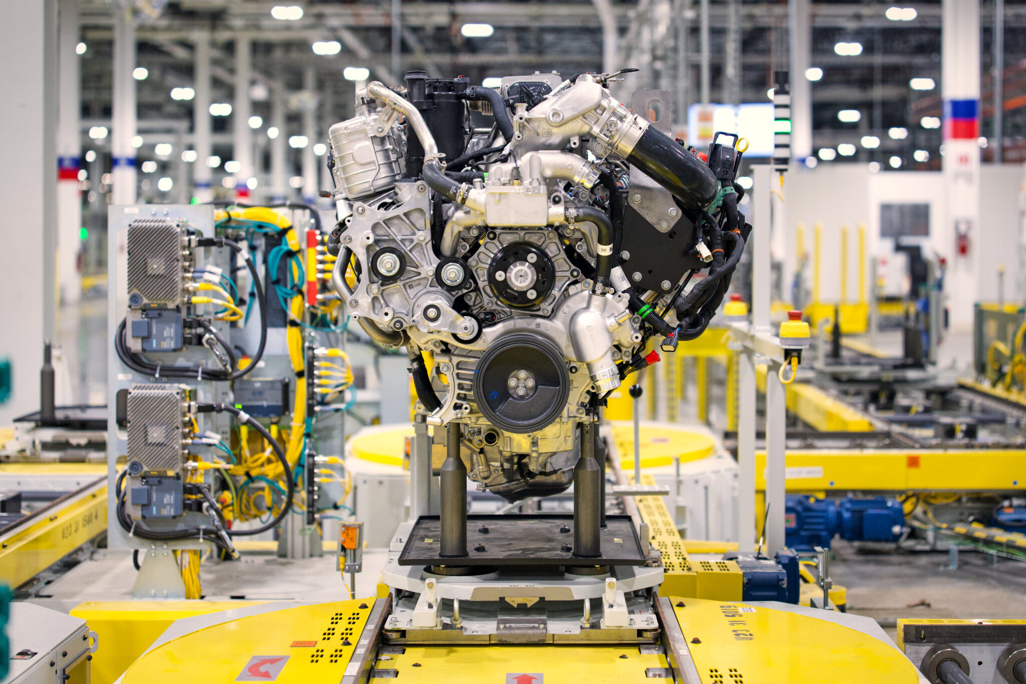 GM’s new 8.3L Duramax diesel engine on the assembly line at Brookville, Ohio.