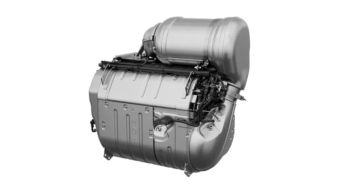 Detroit Gen 6 aftertreatment assembly with pre-SCR and main exhaust-treatment hardware