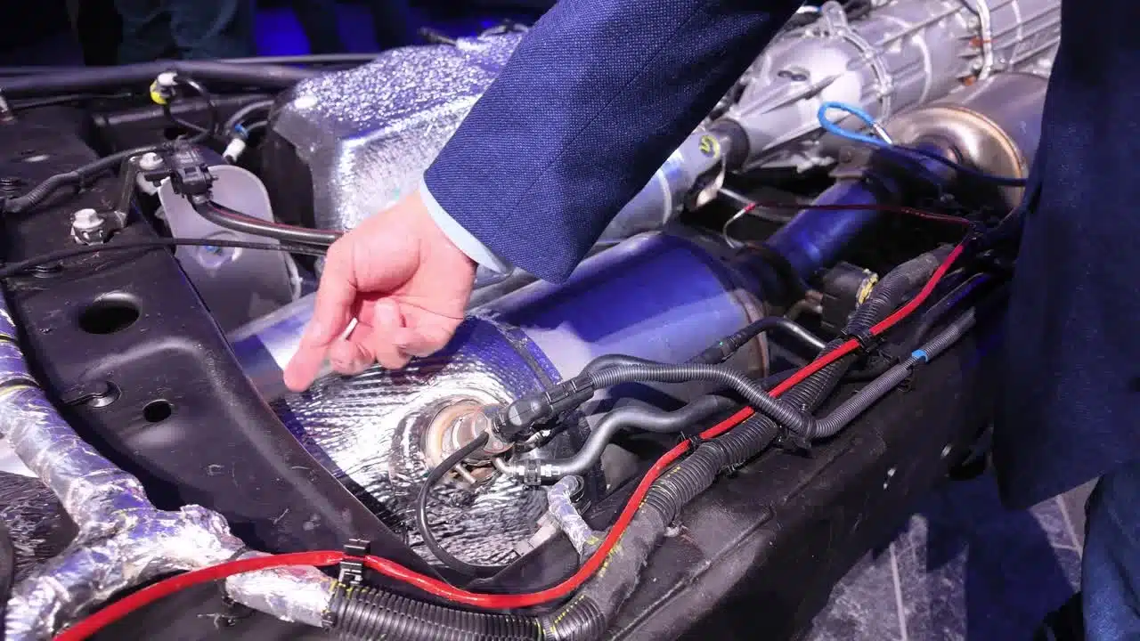 The engineer identifies another section of the new Duramax’s exhaust aftertreatment system.