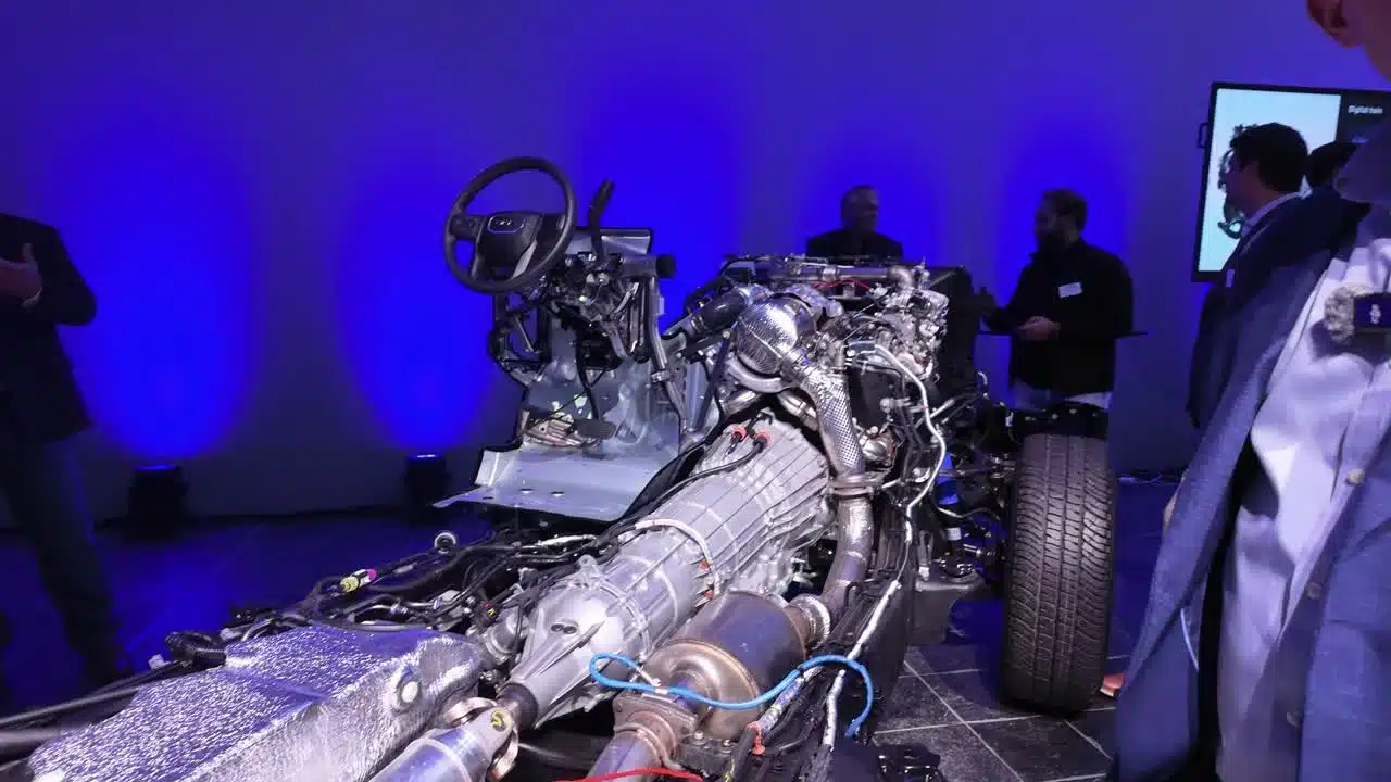 The 8.3L Duramax and exhaust aftertreatment hardware at GM’s powertrain event.
