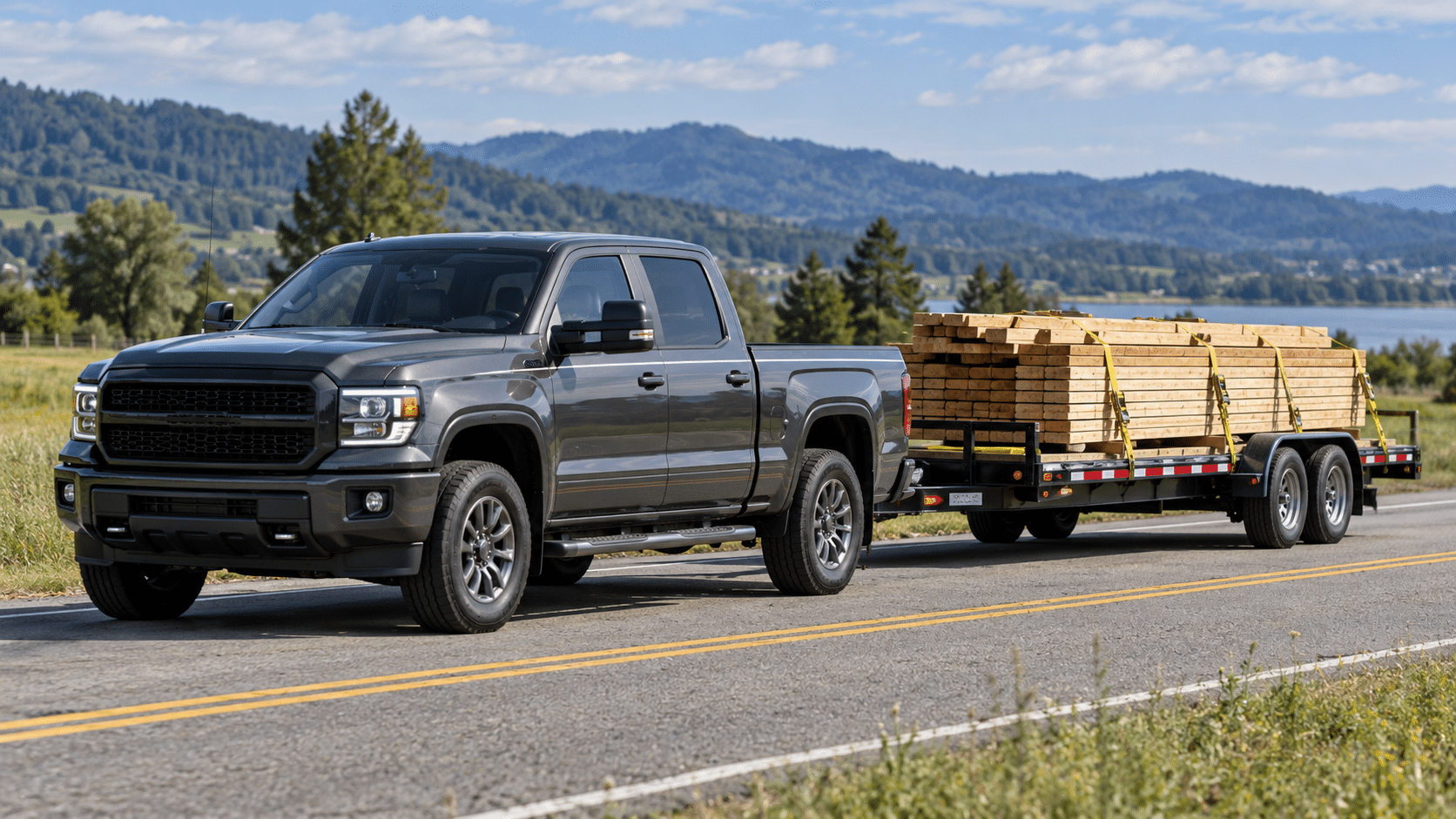 AI-generated illustration of a generic diesel pickup towing a trailer loaded with secured lumber