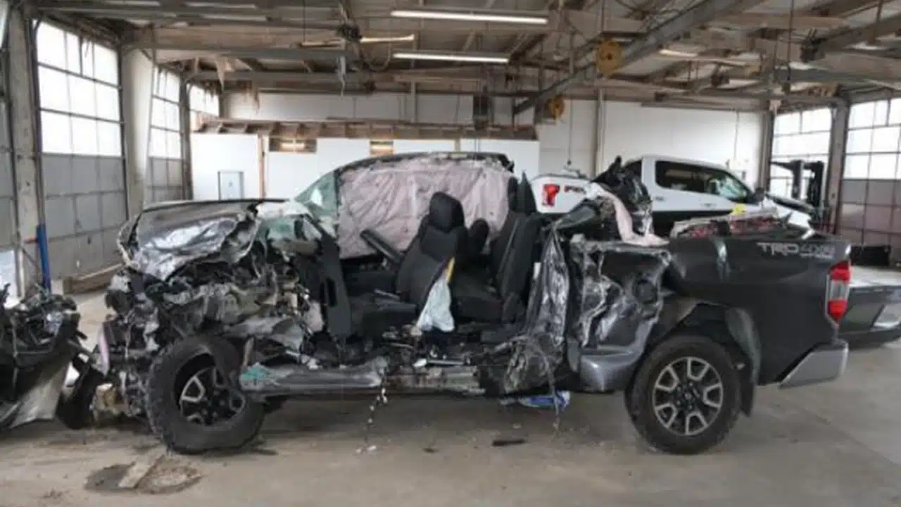 Side view of the damaged Toyota Tundra