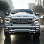 dall·e 2023 10 19 13.52.16 photorealistic 35mm photo of the 2025 ram 1500 viewed from a low front angle, capturing the redesigned grille, headlights, and front bumper. the truck