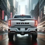 dall·e 2023 10 19 13.52.18 ultra realistic 35mm photo of the 2025 ram 1500 taken from a rear three quarter angle, showcasing the updated tailgate, rear lights, and exhaust syste